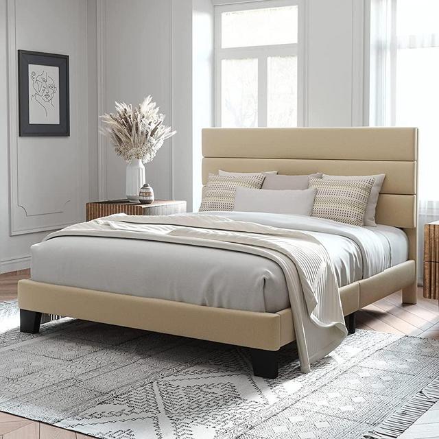 Allewie Queen Size Platform Bed Frame with Fabric Upholstered Headboard and Wooden Slats Support, Fully Upholstered Mattress Foundation/No Box Spring Needed/Easy Assembly, Beige