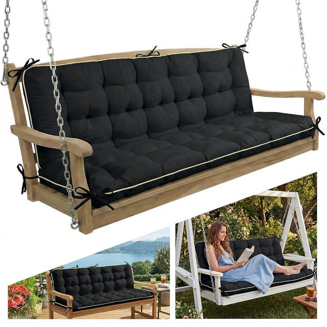 AS AWESLING 60×40 INCH Oxford Fabric Swing Cushions with Backrest & Tie Straps - Crushed Sponge Filled for Outdoor Patio Bench, 2-3 Seater Replacement for Swing Chair (Black, 60 INCH × 40 INCH)
