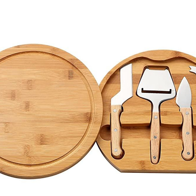 Juvale Cheese Board Set - Charcuterie Board and Cheese Tools, Cheese and Meat Board, Includes 1 Bamboo Cutting Board and 4 Piece Knife Tools, 10.2" x 10.2" x 1.5"