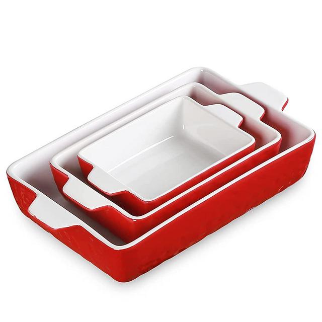 KitchenTour Ceramic Bakeware Set, Rectangular Baking Dish Casserole Dish Lasagna Pan with Double Handles Stoneware Bakeware Set of 3 - Red