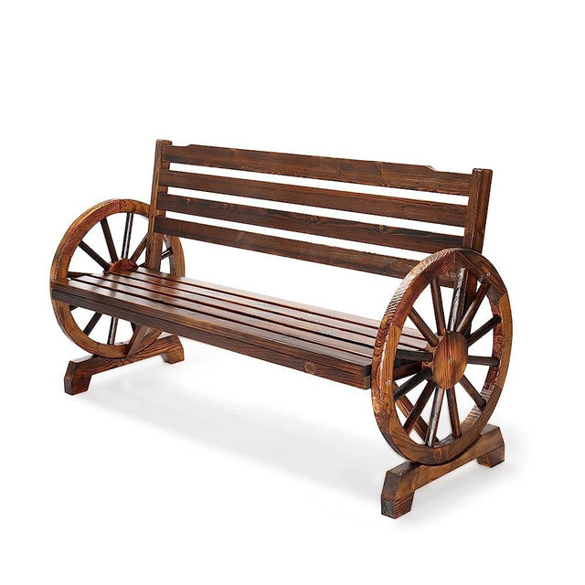 VINGLI Outdoor Rustic Wooden Bench with Wagon Wheel Arms, 3 People Sturdy Seat for Garden Porch Patio Lawn Yard Park, Indoor and Ourdoor Decor