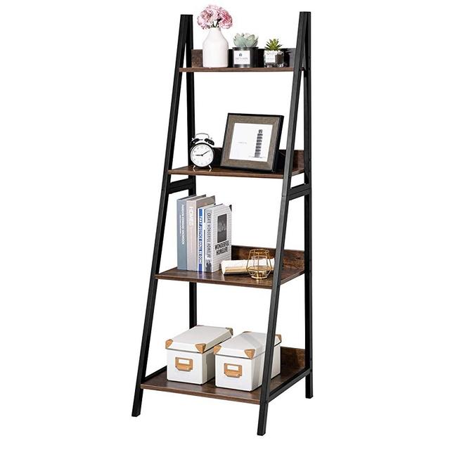 GreenForest Ladder Shelf 4 Tier Bookshelf Industrial Bookcase Storage Rack Shelves for Living Room, Home Office, Brown