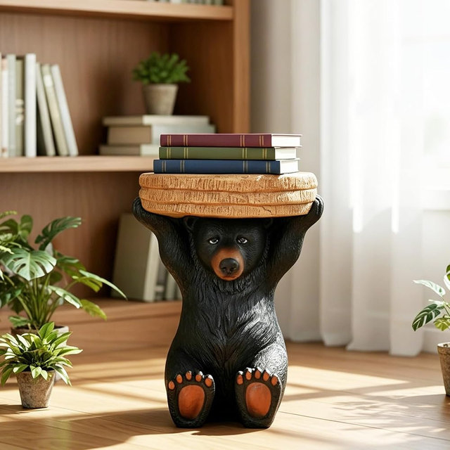 FlowLuxe 20.8" H Rustic Black Bear Side Table - Outdoor Side Table & Outdoor Decoration,Fibre Reinforced Concrete and Weatherproof, Bear Statue for Garden, Porch, Patio, Balcony or Living Room Decor