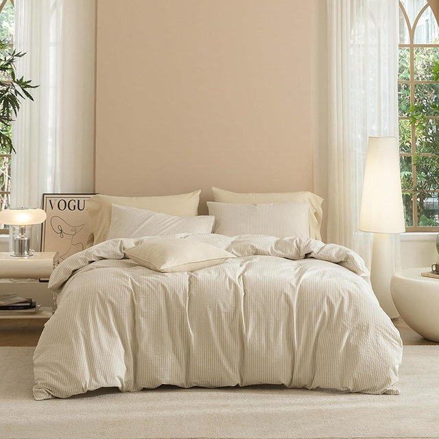 JIYUAN 100% Washed Cotton Striped Duvet Cover Set 3 Pieces Queen, 1 Duvet Cover and 2 Pillowcases(Comforter Not Included),Linen Like Bedding Set Comfy and Breathable,Pinstripes-Heathered Beige White