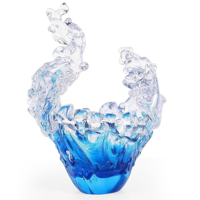 suruim Hand Blown Glass Wave Sculpture Figurines Blue and Clear Art Glass Bowl for Home Decor, Sea Glass Figurine, Nautical Sea Glass Decorations, Multipurpose Storage for Keys, Jewelry, Candy