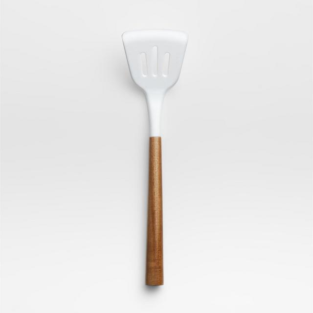 White Silicone Slotted Turner with Acacia Wood Handle