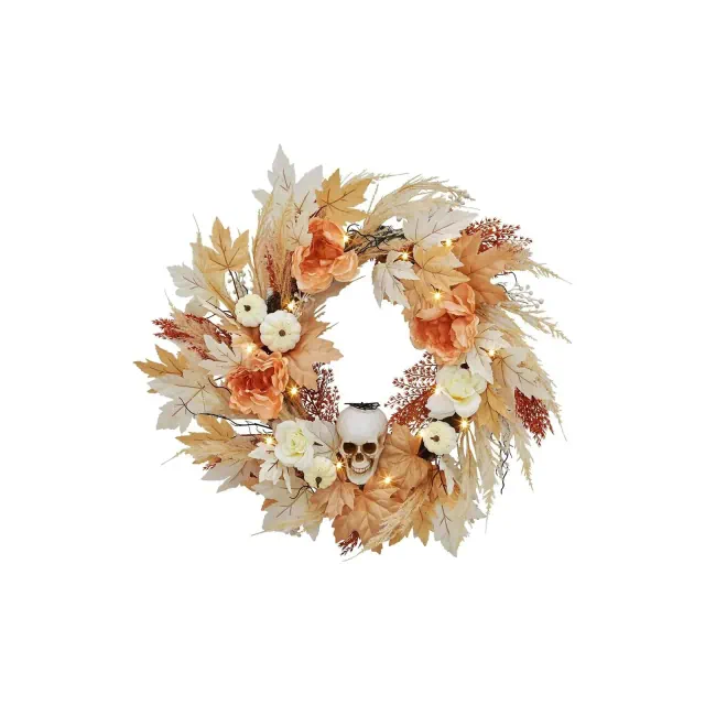 22 Inch Halloween Wreath for Front Door, Halloween Skull Wreath with Lights White Pumpkins Roses, Halloween Decorations Fall Maple Leaves Wreath