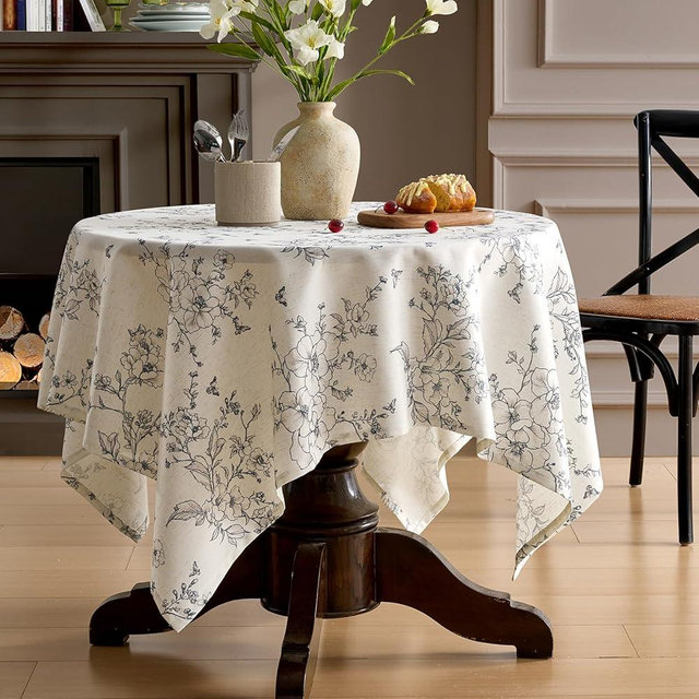 Floral Square Tablecloth 55x55 Inch Linen Table Cloth with Black Flowers Pattern Burlap Textured Farmhouse French Rustic Vintage Outdoor Table Cover for Picnic,Dining,Party,Home Decor