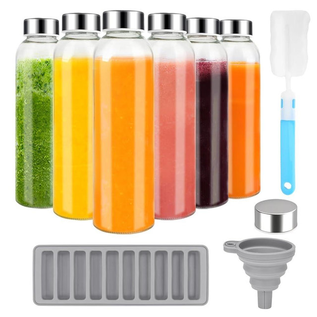 Zukro Glass Juice Bottles with Lids for Juicing 18 oz, Reusable Clear Glass Water Bottles with Stainless Steel Airtight Cap for Refrigerator, 100% Leak Proof, BPA Free, ECO Friendly, Set of 6