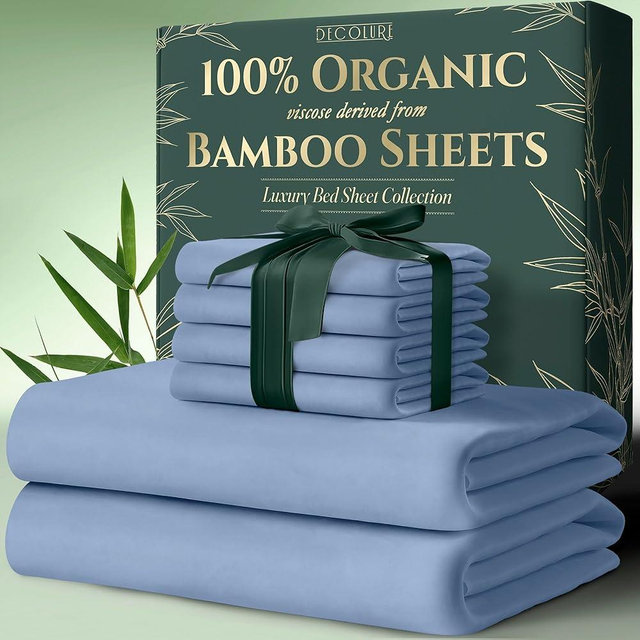 DECOLURE 100% Organic Viscose Derived from Bamboo Sheets Queen Size 6pcs - Ultra Soft & Luxuriously Cooling, 17" Deep Pocket, Double Stitching, Perfect for Hot Sleepers - Queen Bed Sheets (Light Blue)