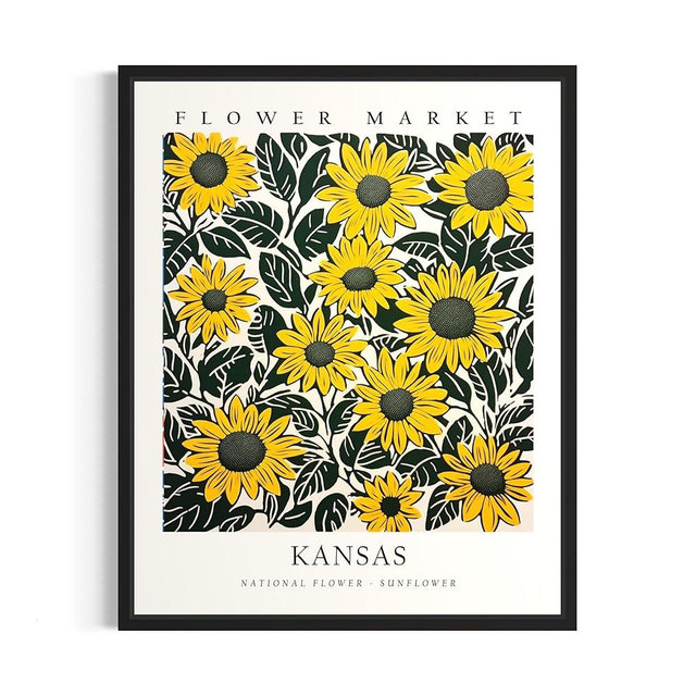 Kansas Flower Market Poster Art Print Botanical Wall Art Poster Decor, Pastel Floral State Decor for Bedroom Bathroom Living Room. (Kansas Flower Market, 16x20 inches + (Black Frame))