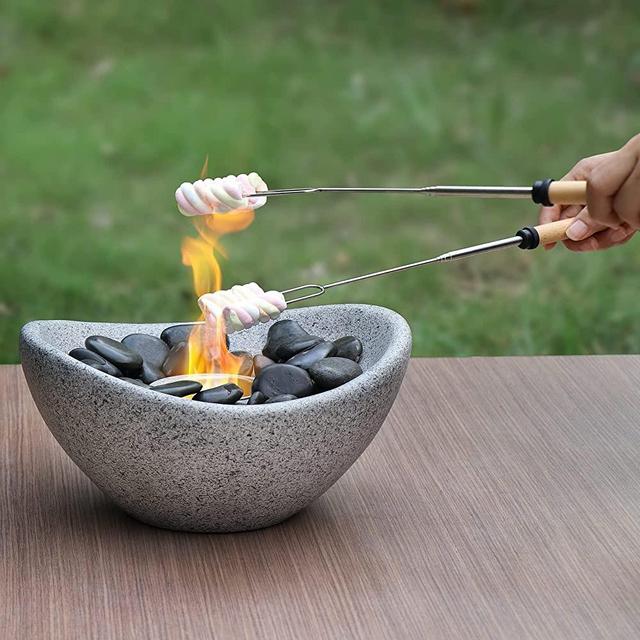 NORDHAUS Table Top Fire Bowl – Includes Extendable Skewers for Roasting Marshmallows and Making Smores – Smokeless Concrete Tabletop Fire Pit Perfect for Indoor and Outdoor Use