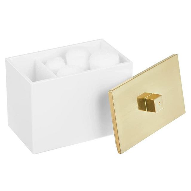 mDesign Square Bathroom Vanity Countertop Divided Canister Jar for Modern Storage OrganizerCotton Swabs, Rounds, Balls, Makeup Sponges, Bath Salts - 2 Sections - White/Soft Brass