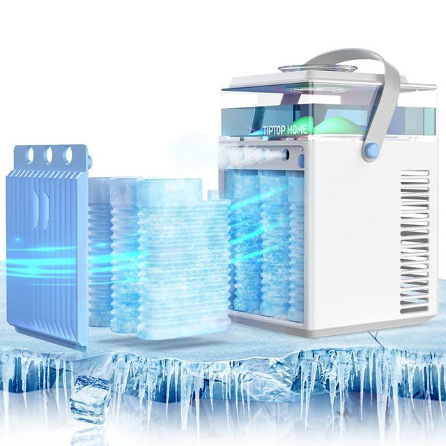 Portable Air Conditioner Fan, Rechargeable 5-IN-1 Personal Mini Cooler Humidifier, 3-Speed Evaporative Air Cooler with 7 Color Lights, Cordless AC Desktop Spray Fan, Quiet Desktop (White)