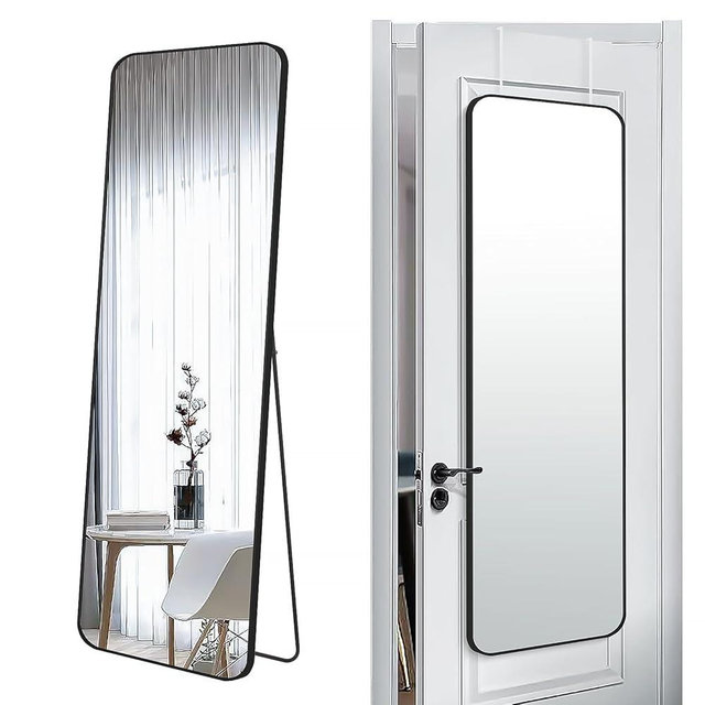 SCWF-GZ 57x20 Door Hanging Full Length Mirror, Floor Stand (Height 5.7ft just Body in1.3ft) Wall Mounted Metal Frame Rectangle Dressing Mirrors for Bedroom Room 57 inch Black