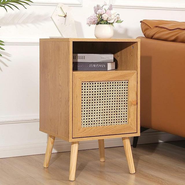 Betterhood Rattan Nightstand Set of 2 with Charging Station, Boho Side Table with Handmade Rattan Decorated Drawer, Mid-Century Modern Nightstand with Open Storage Shelf