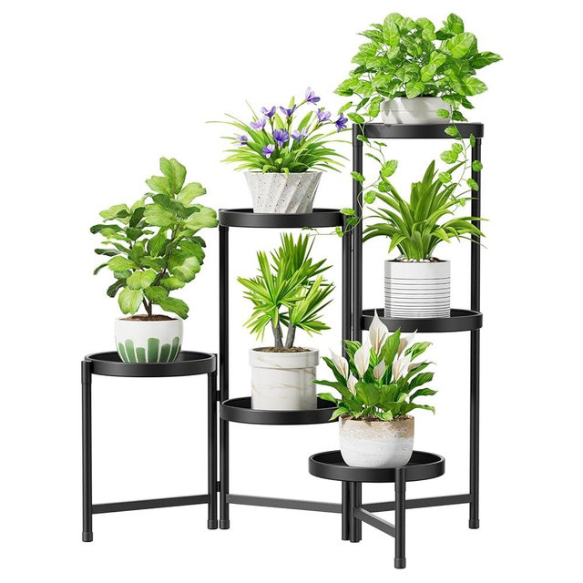 iDavosic.ly 6 Tier Large Plant Stand Indoor with 10 Inch Wide Tray, Tiered Corner Metal Outdoor Flower Display Holder Shelf, Folding Tall Rack for Patio Porch Living Room, Modern Black