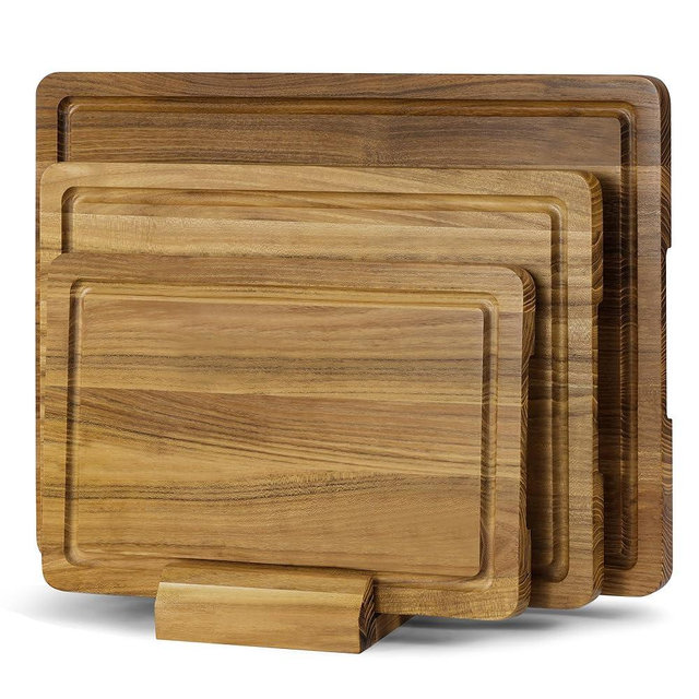 Teak Cutting Board Set for Kitchen, 3 Pack Teak Wood Chopping Boards with Holder & Deep Juice Groove Solid Wooden Hardwood Cutting Board Set for Meat Fish Vegetables Fruits (S, M, L)