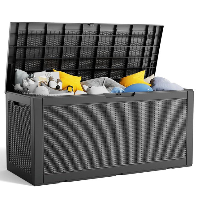 100 Gallon Deck Box, Large Resin Outdoor Storage Box Waterproof, Outside Deck Box with Lockable Lid for Patio Furniture, Pool Tools, Outdoor Equipments and Garden Tools