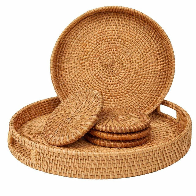 Round Rattan Serving Tray Set (2 Nesting Sizes) with Handles, 4 Coasters Included, Handwoven Boho Wicker Organizer for Coffee Table or Ottoman, 14.2 x 2.3 in and 11.9 x 1.7 in