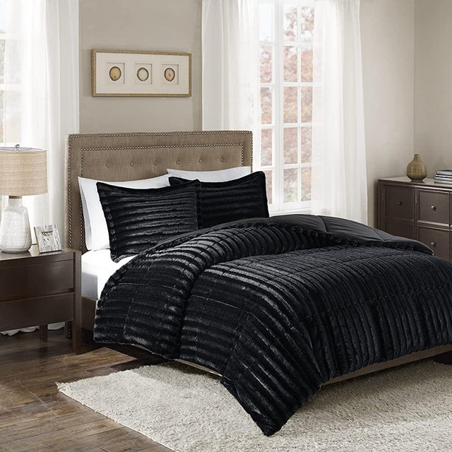 Madison Park Duke Faux Fur Plush Bedding 3 Piece Comforter Set Super Soft and Cozy Warm, King/Cal King, Black