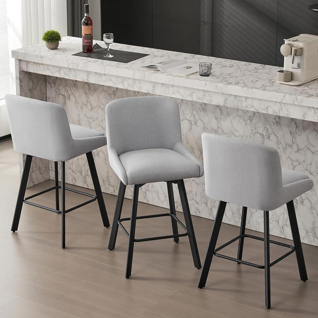 SAECKBERG Swivel Bar Stools Set of 3, 26''H Upholstered Barstools with Backs, Modern Counter Height Bar Stool Chairs for Kitchen Island, Metal Legs, Light Gray Fabric Counter Stools