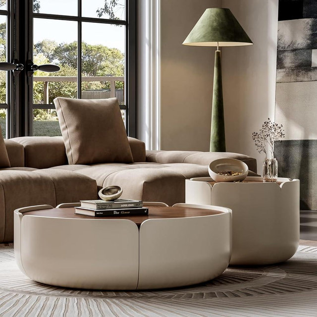 Hclzieamte Petal Shaped Coffee Table Set, Round Solid Wood Coffee Table with Drawer Minimalist Style for Living Room and Office, Cream and Walnut