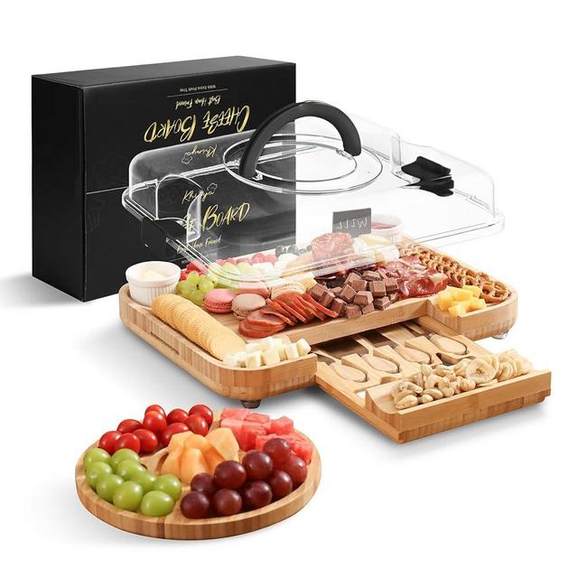 KHINYA Charcuterie Boards - Cheese Board Set, Charcuterie Board with Lid, Gifts for Women, Cheese plate for Housewarming, Convenient Lid Design with Handle (1 Drawer Black)