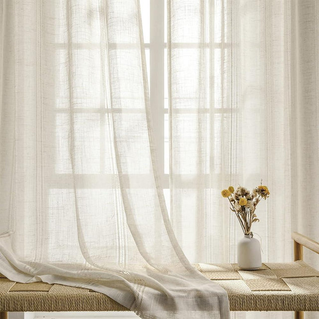 Maison Colette Linen Sheer Curtain 84 inches Length, Rod Pocket Semi Sheer Privacy Light Filtering Window Treamtment for Bedroom/Living Room, 2 Panels,52" Width,Natural