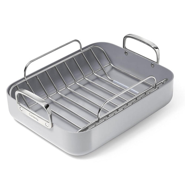 Caraway Roasting Pan - 16x13” Roasting Pan with Rack - Non-Stick Ceramic Coated - Non Toxic, PTFE & PFOA Free - Oven Safe & Compatible with All Stovetops - Gray