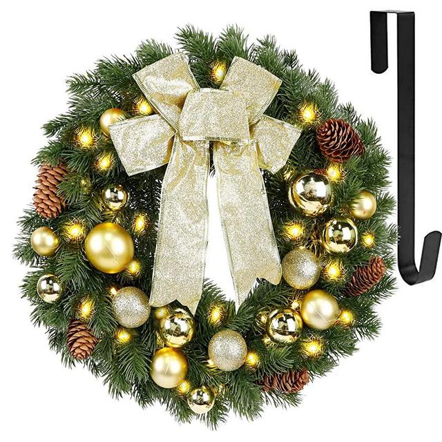 Hausse Lighted Christmas Wreath with Metal Hanger, Pre-lit Xmas Wreath with Large Golden Bow & Balls, Battery Operated with 40 LEDs Lights, for Front Door Gate Wall Christmas Party Decorations