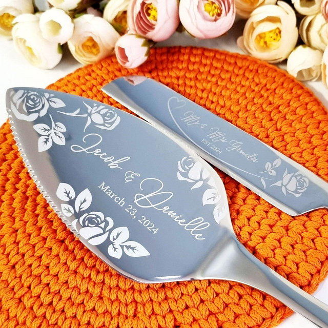 Floral Wedding Cake Cutting Gift Set Server and Knife, Cake Cutter Serving Set for Wedding, Bridal Shower Gift