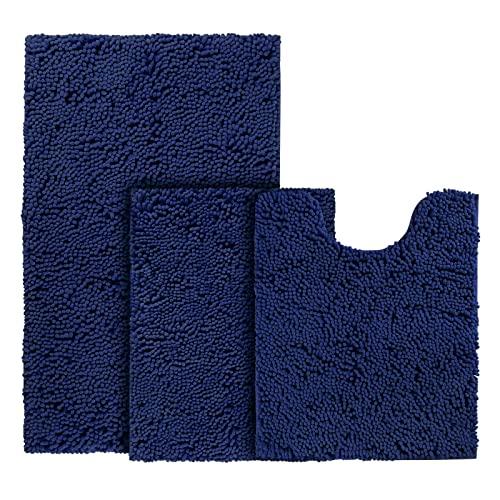 BYSURE Navy Blue Bathroom Rug Set 3 Piece Non Slip Extra Absorbent Shaggy Chenille Bathroom Mats and Rugs Sets, Soft & Dry Bath Rug/Mat Sets for Bathroom Washable Carpets Set