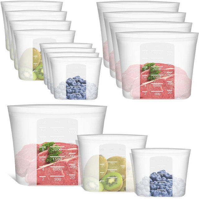 100% Silicone Reusable Storage Bag, 12 Pack Stand-Up Wide-Mouth Zip-Lock Food Storage Bags, Easy-Fill Easy-Open Easy-Clean Space-Saving, Microwave & Dishwasher Safe, Gallon/Sandwich/Snack, Translucent