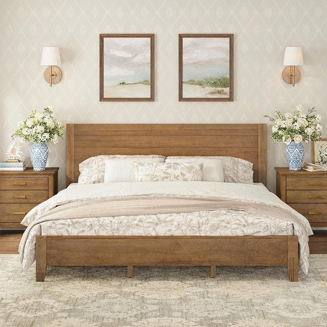 Cozyman Wood Platform Bed Frame King Size with Headboard, Acacia Wood, No Box Spring Needed, Easy Assembly, Dark Wood