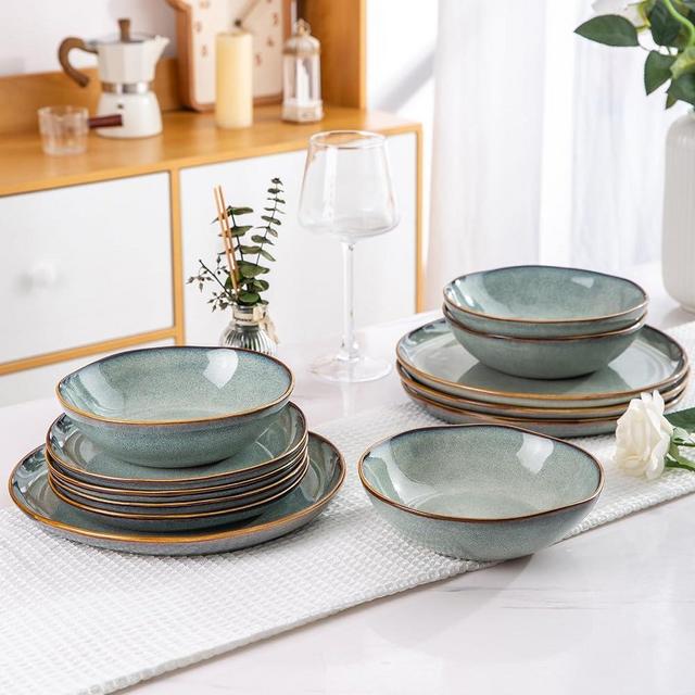 AmorArc Ceramic Dinnerware Sets,Handmade Reactive Glaze Plates and Bowls Set,Highly Chip and Crack Resistant | Dishwasher & Microwave Safe,Service for 6 (18pc)