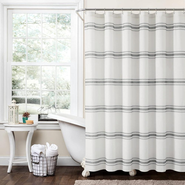 Lush Decor Farmhouse Stripe Cotton Shower Curtain, 72" W x 72" L, Dark Gray - Classic Modern Rustic Charm Bathroom Decor