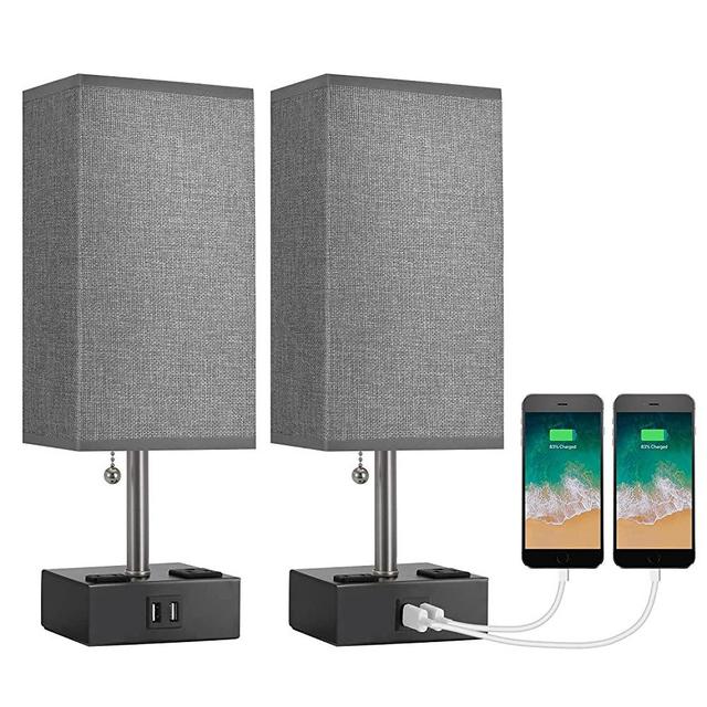 BOBOMOMO USB Small Table Lamp Set of 2 Bedside Lamps 15.5'' with 2 USB Charging Ports & 2 Power Outlet Nightstand Lamp for Bedroom Living Room Study Room (Black&Gray)