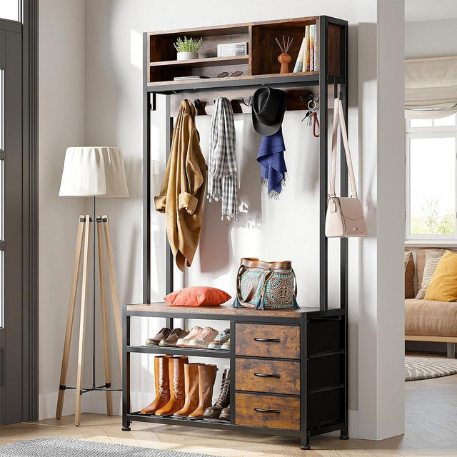 Raybee Hall Tree with Bench and Shoe Storage, Coat Rack Freestanding, Entryway Bench with Storage, 3-In-1 Hall Tree with 12 Hooks and 3 Drawers for Hallway, Entryway Rack with Metal Frame Rustic Brown