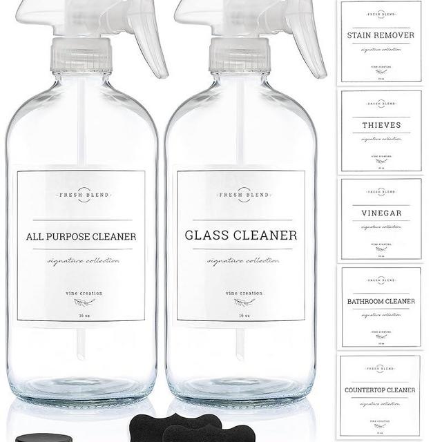 Vine Creations Glass Spray Bottles, 2 Pack with Waterproof Labels, 16oz Refillable Bottle for Cleaning Solutions, Adjustable Nozzle with Mist & Stream (Clear Spray Bottles + Clear Nozzle)