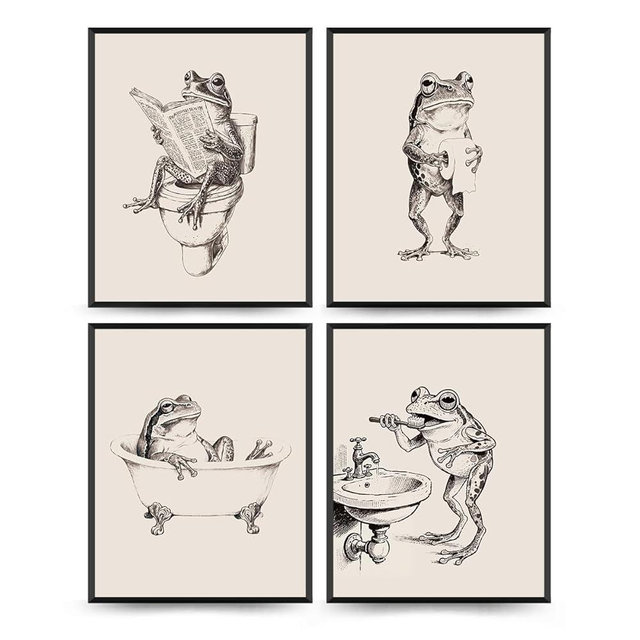 Wheatwin Funny Frog Bathroom Wall Decor, Vintage Retro Frog Wild Animal Wall Decorations for Bathroom Washroom Restroom Toilet Decor 8x10 Unframed 4Pcs