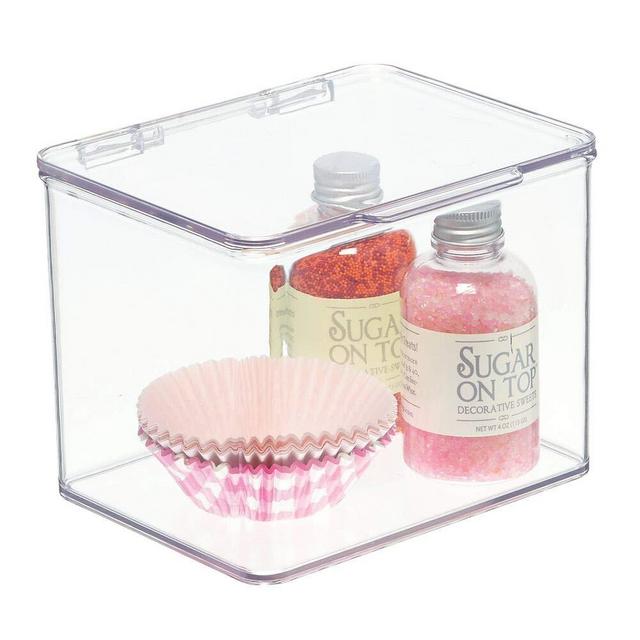mDesign Plastic Stackable Kitchen Pantry Cabinet or Refrigerator Food Storage Container Bin, Attached Hinged Lid - Organizer for Snacks, Produce, Pasta - Deep Container - Clear
