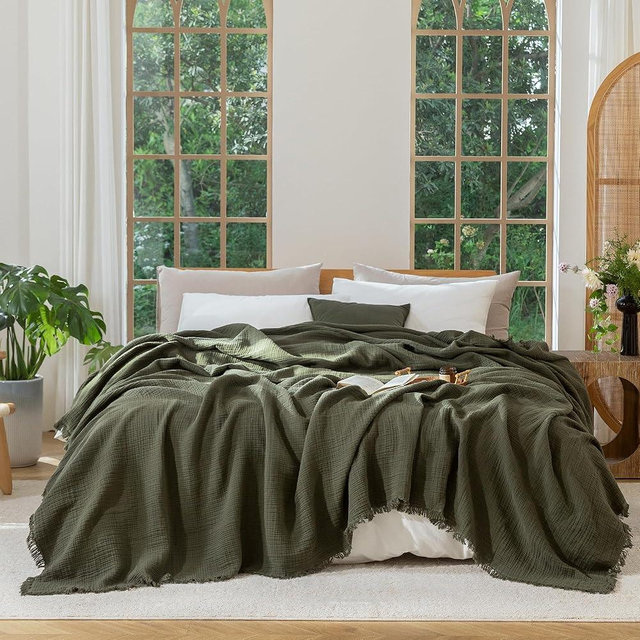 MooMee Muslin Blanket - 100% Cotton 4-Layer Gauze Throw Blanket with All-Around Fringe, Ultra-Soft Breathable Lightweight Cooling Decorative for Bed, Sofa & Couch (Olive Green,King 104" x 90")
