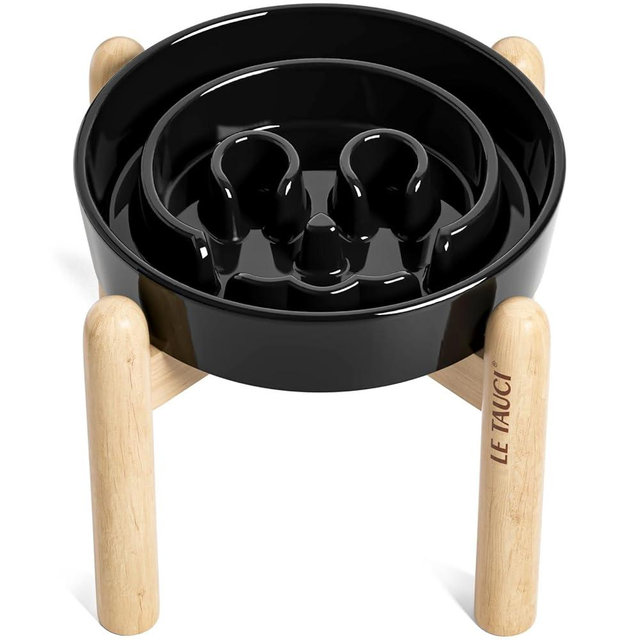 LE TAUCI Ceramic Slow Feeder Dog Bowls Elevated, 1.5 Cups Raised Dog Food Bowl with Wooden Stand for Small Medium Breed, Pet Dishes to Slow Down Eating, Skull Black