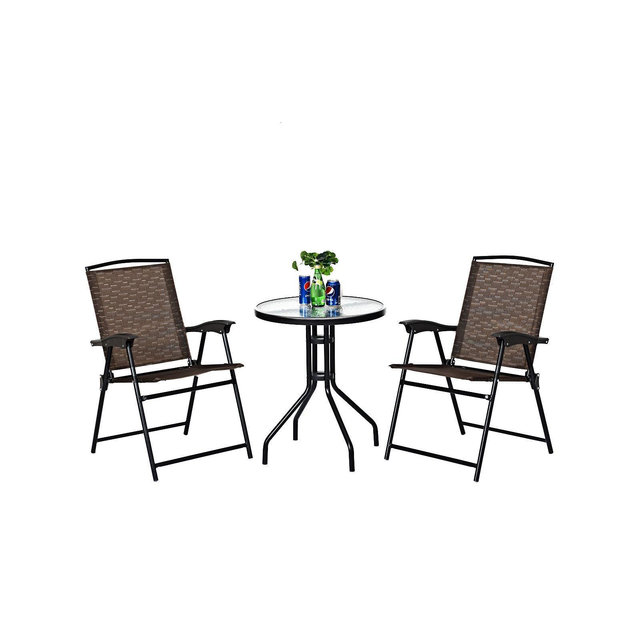 Costway 3PC Bistro Patio Garden Furniture Set 2 Folding Chairs Glass Table Top Steel
