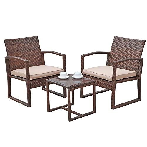 Patiorama 3 Pieces Outdoor Patio Furniture Set, Outdoor Wicker Conversation Set, Patio Rattan Chair Set, Modern Bistro Set with Coffee Table, Garden Balcony Backyard Poolside (Brown)