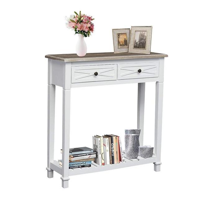 kinbor Entryway Table - White Console Table with 2 Drawers, Narrow Small Console Table with Stroage Shelf for Entryway, Living Room, Hallway, White