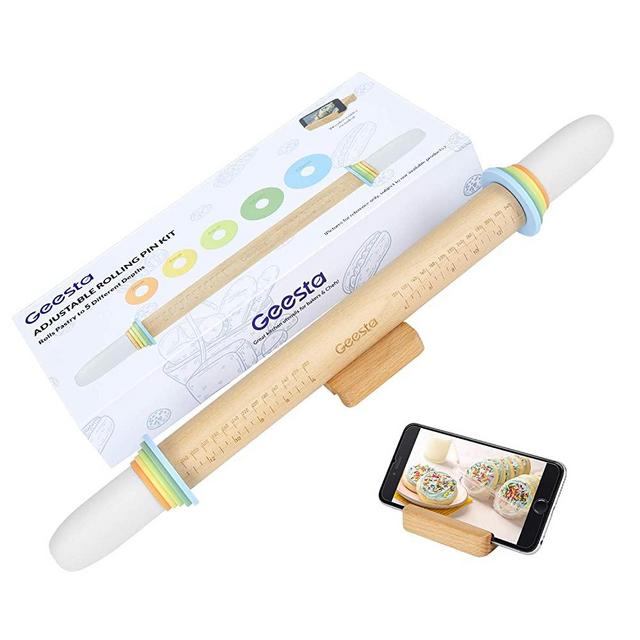 Geesta Adjustable Rolling Pin Kit with 5 Removable Thickness Rings & Extra Hand Press Design 17.3" Length- Baking Kitchenware and Equipment for Baking Dough, Pizza, Pies, Pastries, Pasta and Cookies