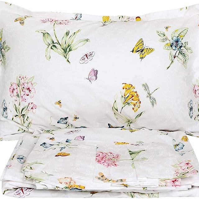FADFAY Farmhouse Butterfly Meadow Bed Sheet Set 4-Piece 100% Cotton Stain Drill Sheets Queen Size