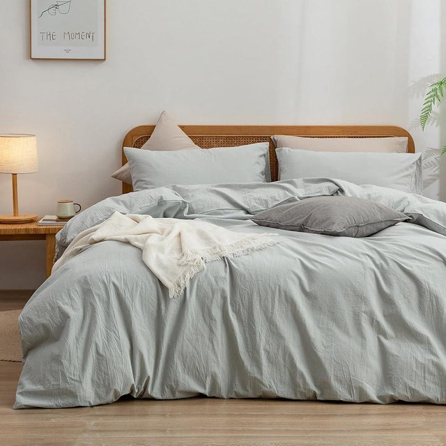 BESTOUCH Duvet Cover Set 100% Washed Cotton Linen Feel Super Soft Comfortable Chic Lightweight 3 PCs Home Bedding Set Solid Northern Droplet Grey Oversized King